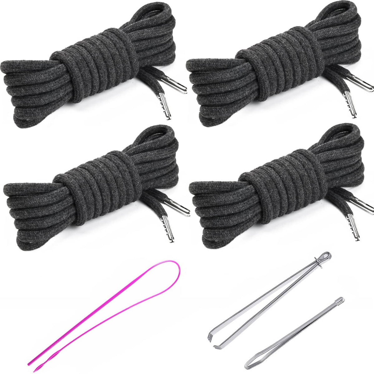 4-pack heather grey drawstring cords with metal aglets, neatly coiled