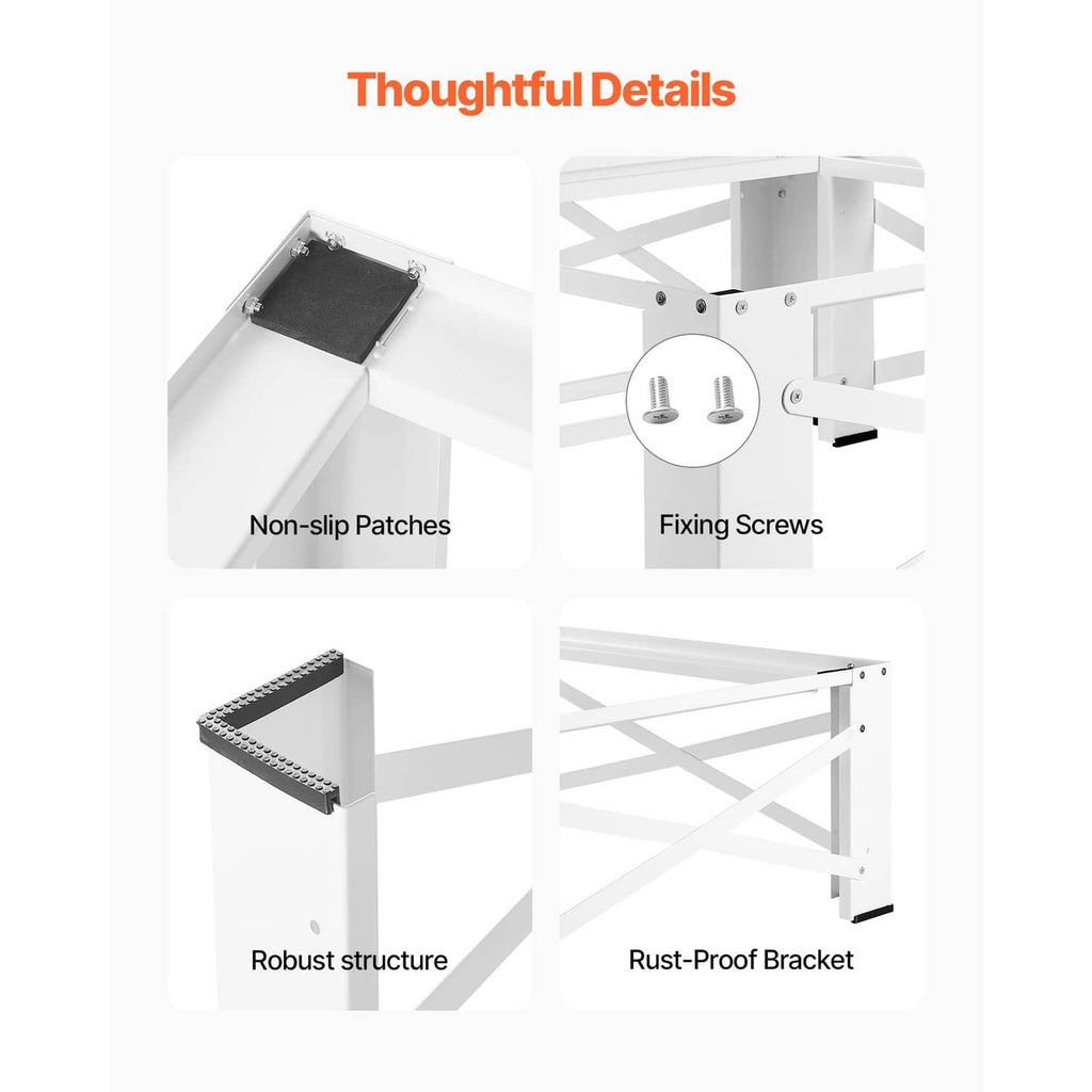 White pedestal details: non-slip pads, fixing screws, and rust-proof bracket supports