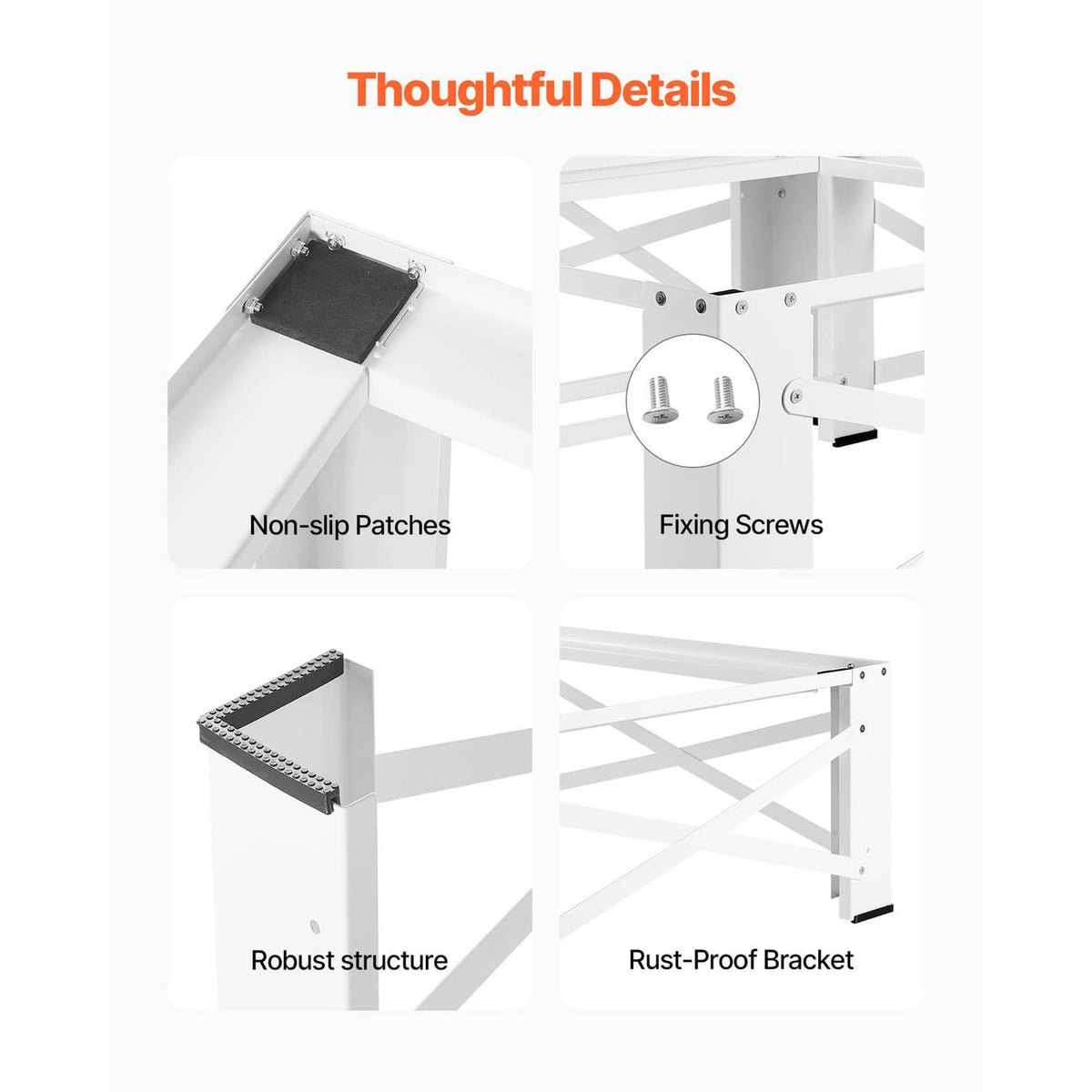 White pedestal details: non-slip pads, fixing screws, and rust-proof bracket supports