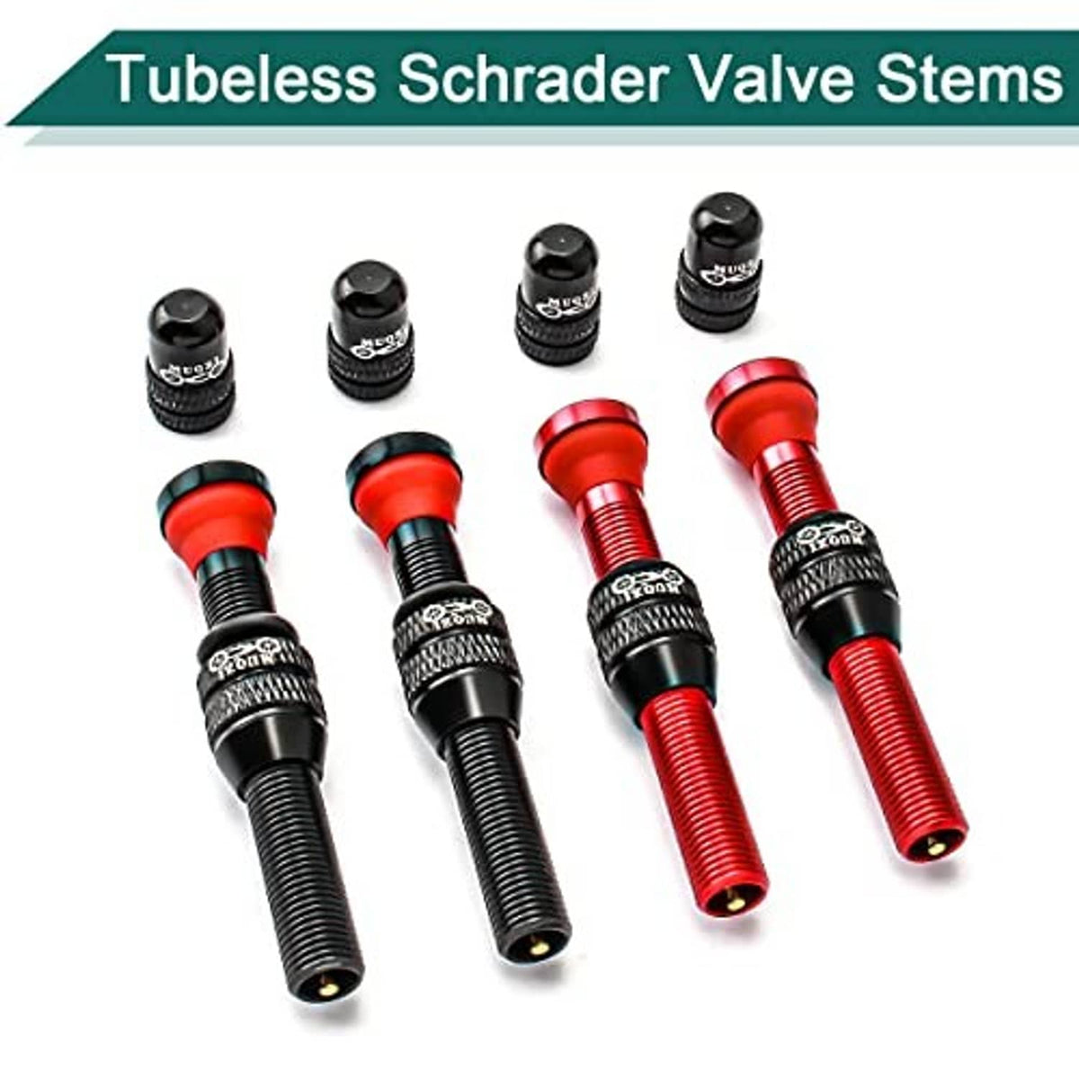 Set of tubeless Schrader valve stems with red tubes and black knurled caps