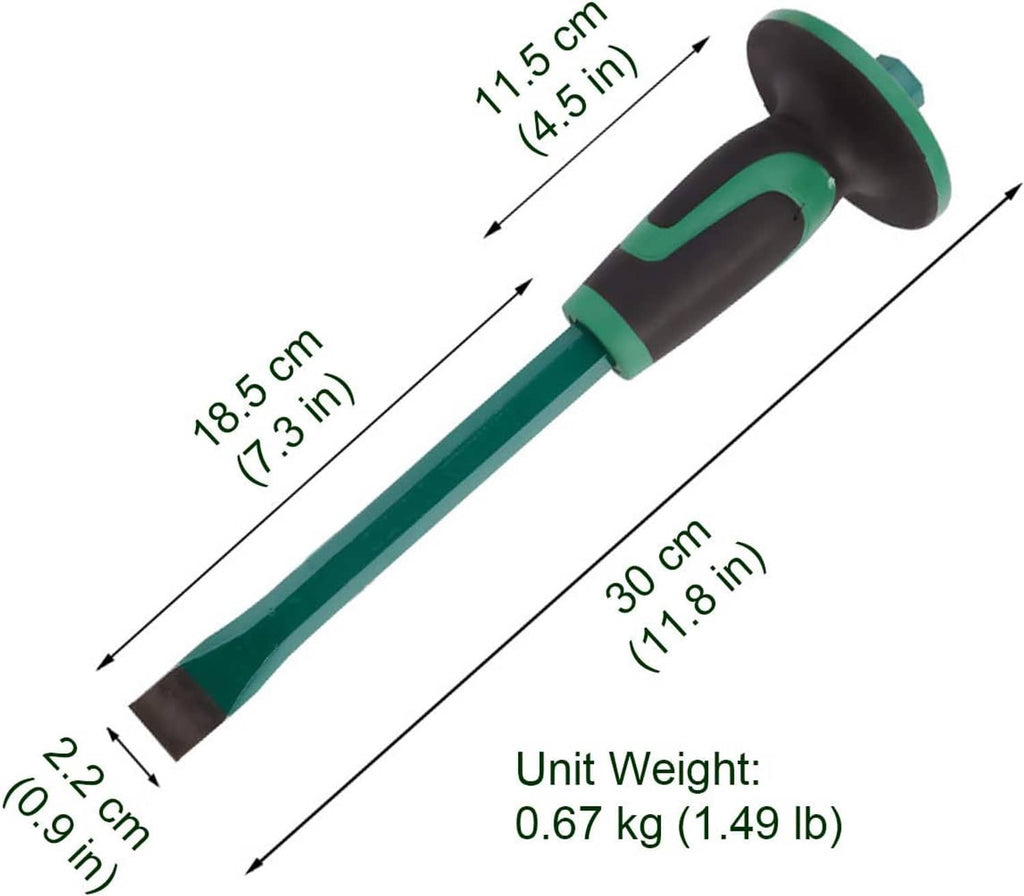Rock chisel with round hand guard; 30 cm handle length shown on dimension diagram