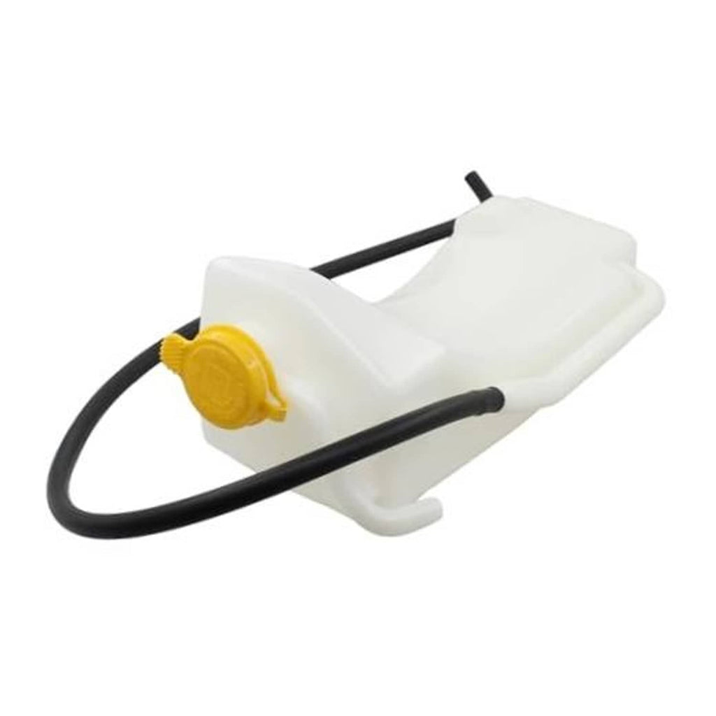 White engine coolant reservoir tank with yellow cap and black recovery hose