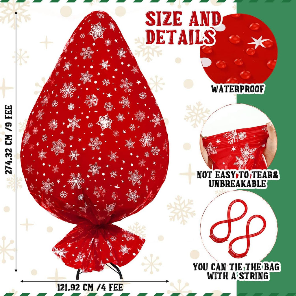 Red Christmas tree storage bag for 9 ft trees with white snowflake print, waterproof.