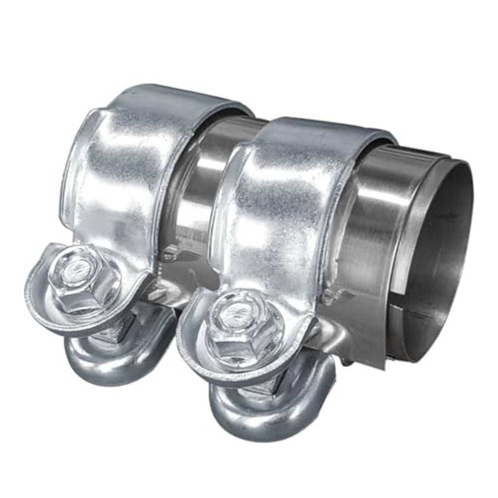Stainless steel exhaust clamp with two bands and curved bolt hardware