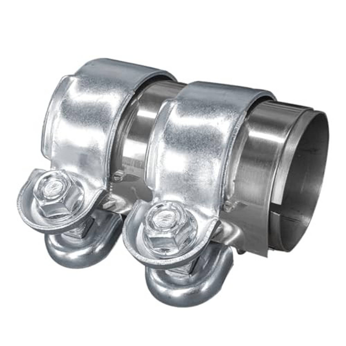 Stainless steel exhaust clamp with two bands and curved bolt hardware