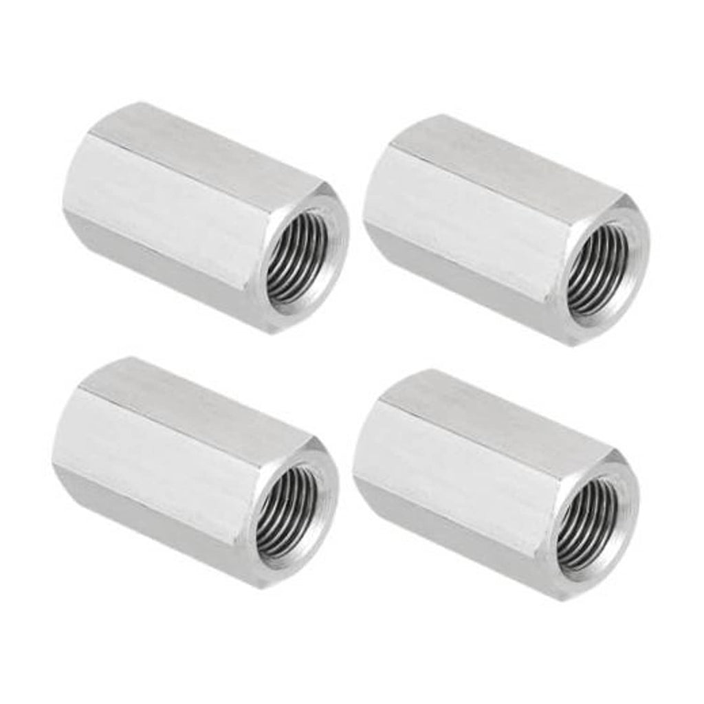 Stainless steel hex coupling nuts set of 4, visible external hex and inner threads