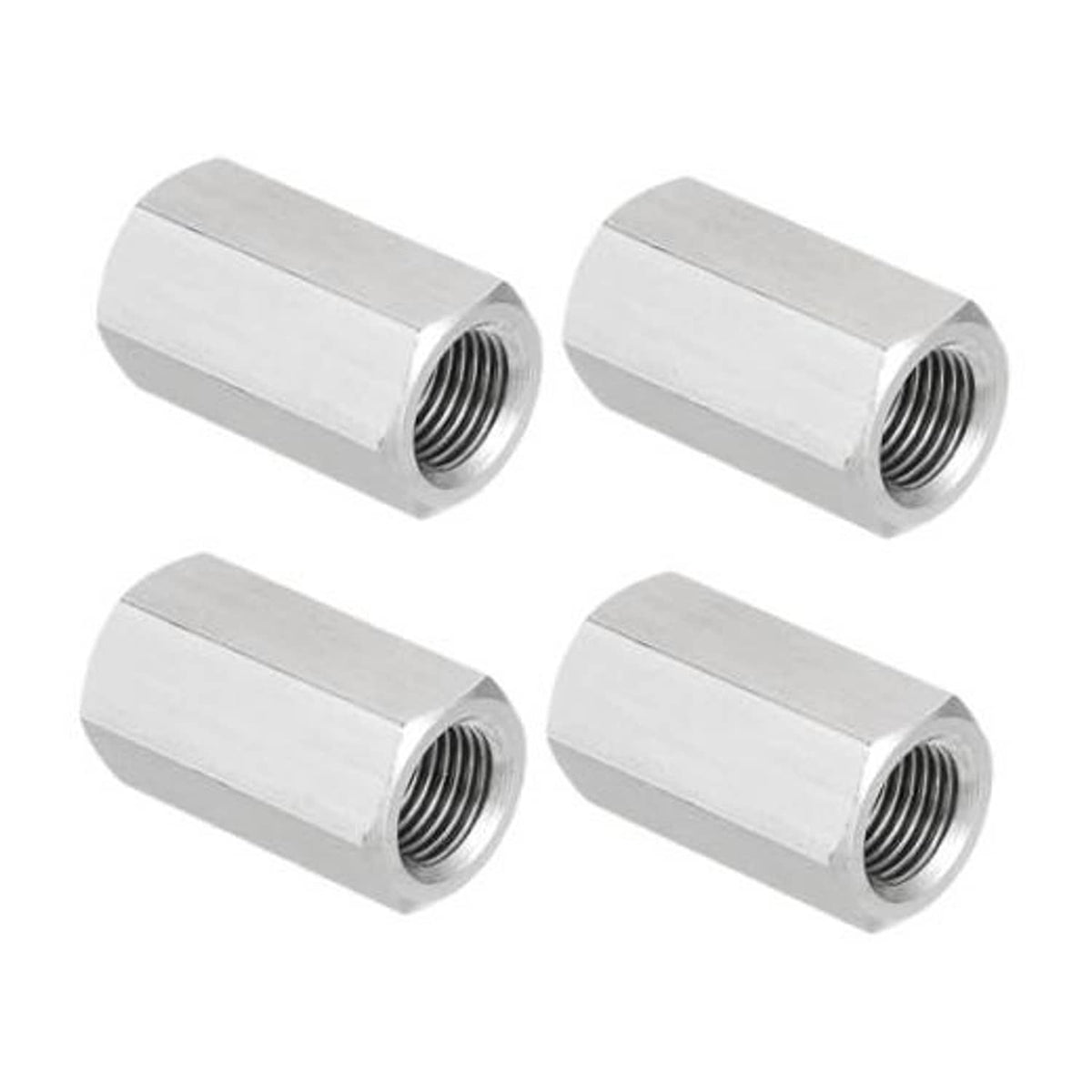 Stainless steel hex coupling nuts set of 4, visible external hex and inner threads