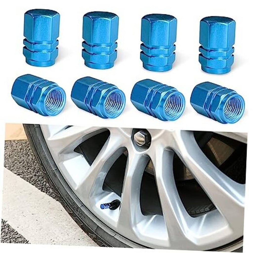 Light blue aluminum wheel valve stem caps with hexagon tops, set of 8