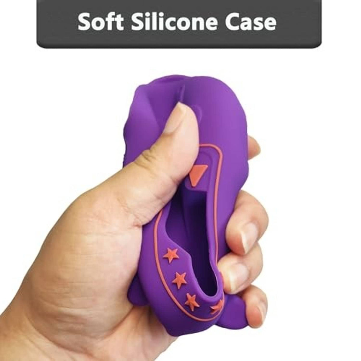 Hand holding purple soft silicone speaker case with textured grip cutouts