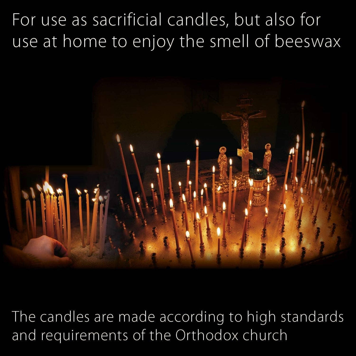 Multiple lit beeswax taper candles in rows, flames visible along the candle tops.