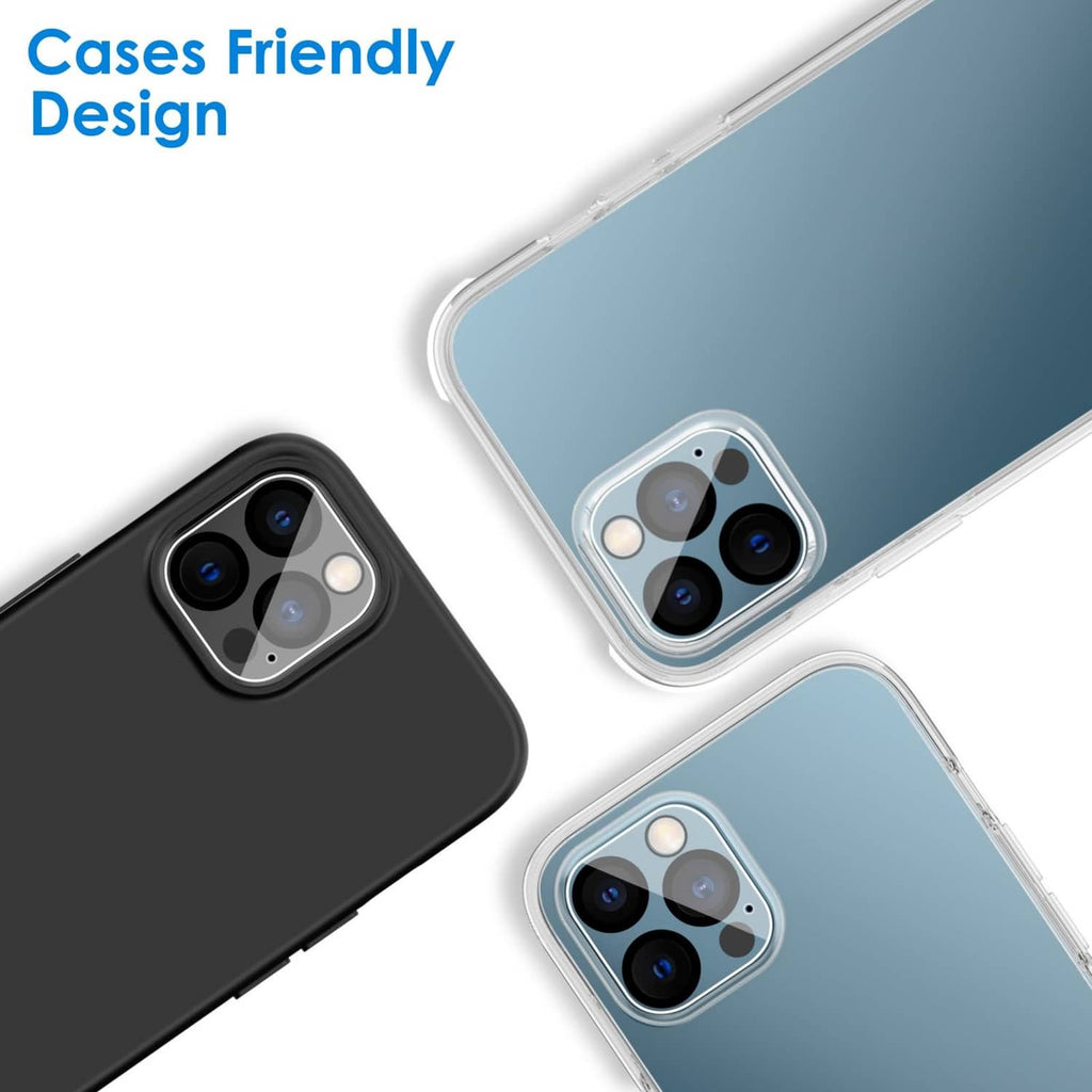 Transparent camera lens protector with case-friendly fit over iPhone camera lenses