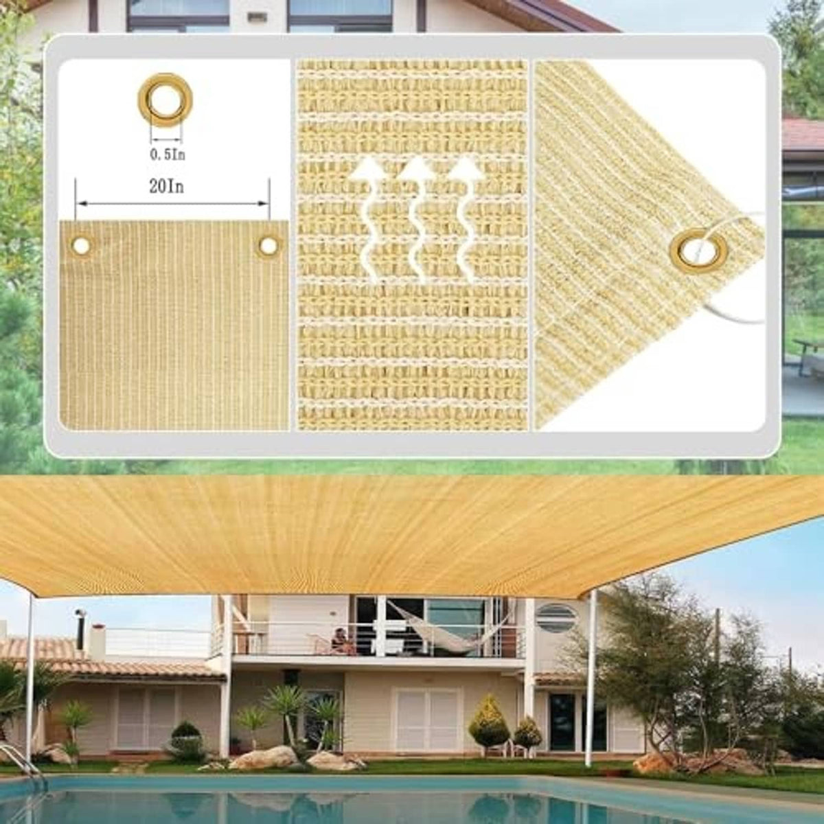 Beige shade cloth stretched over a roof frame, showing woven mesh texture and grommets