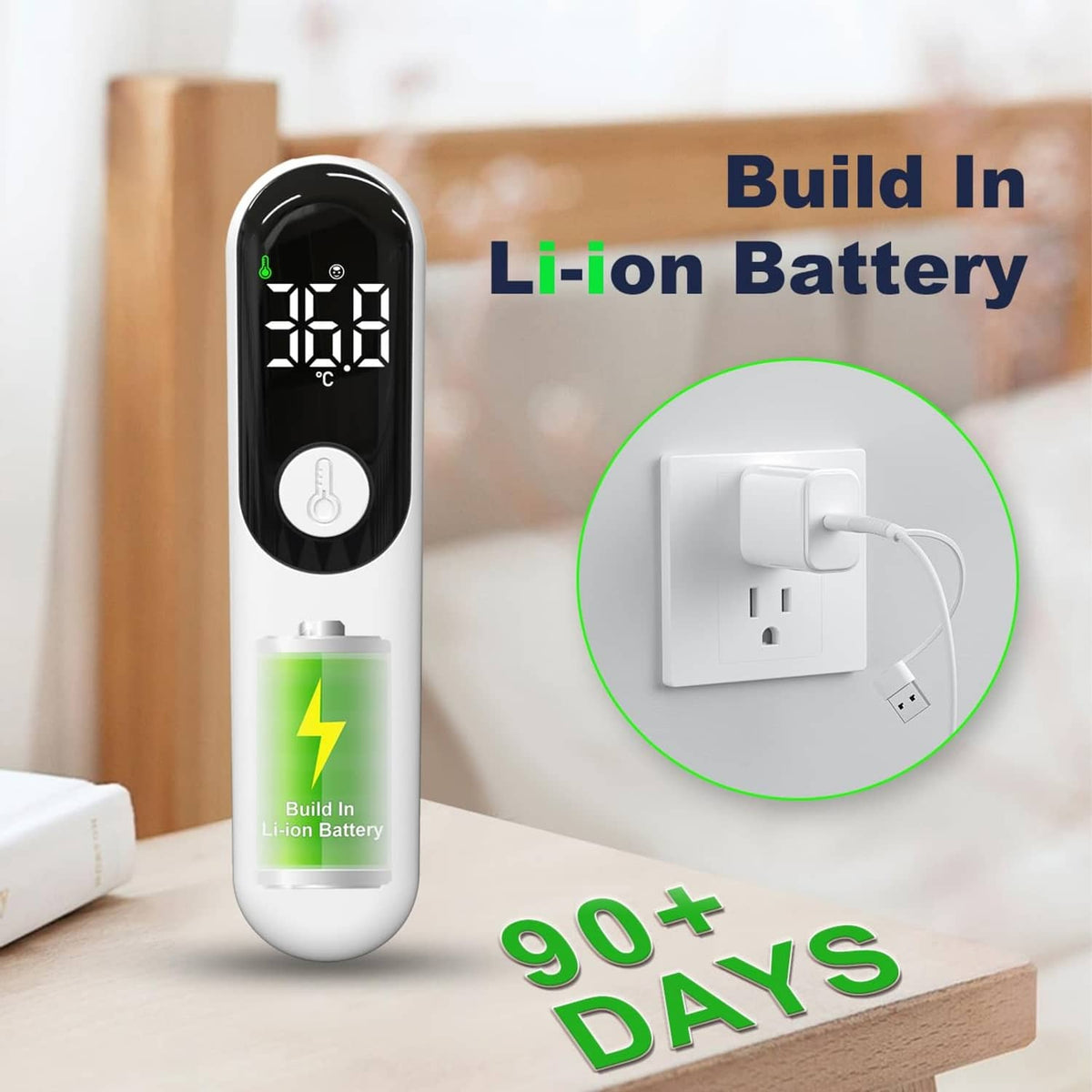 White non-contact forehead thermometer with built-in rechargeable lithium battery and charging plug