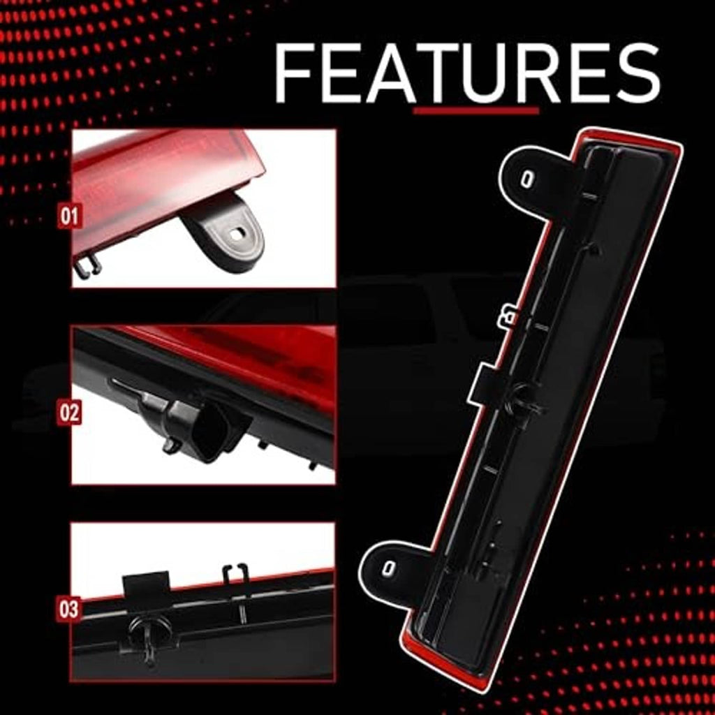 LED third brake light assembly with red lens edge and black mounting hardware