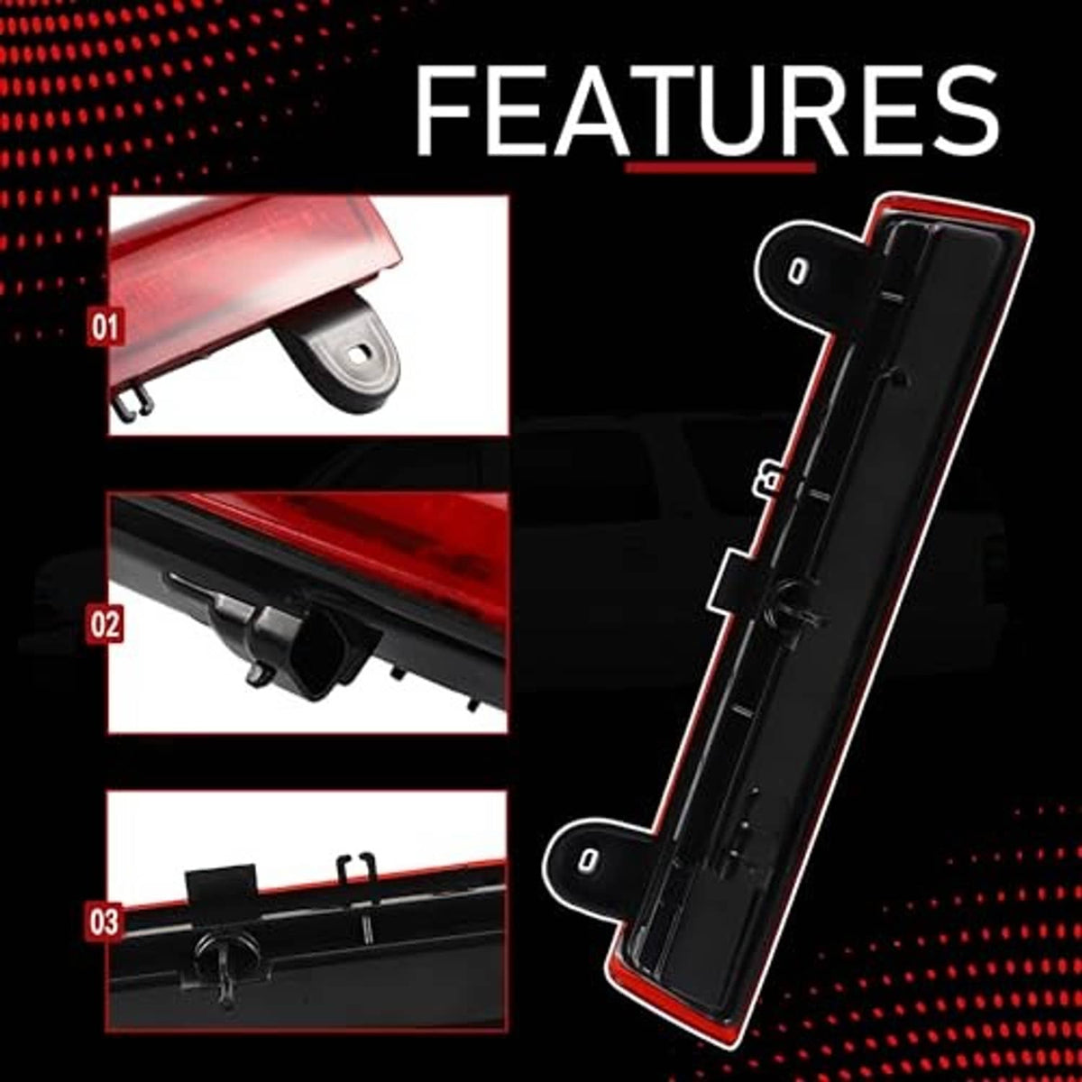 LED third brake light assembly with red lens edge and black mounting hardware