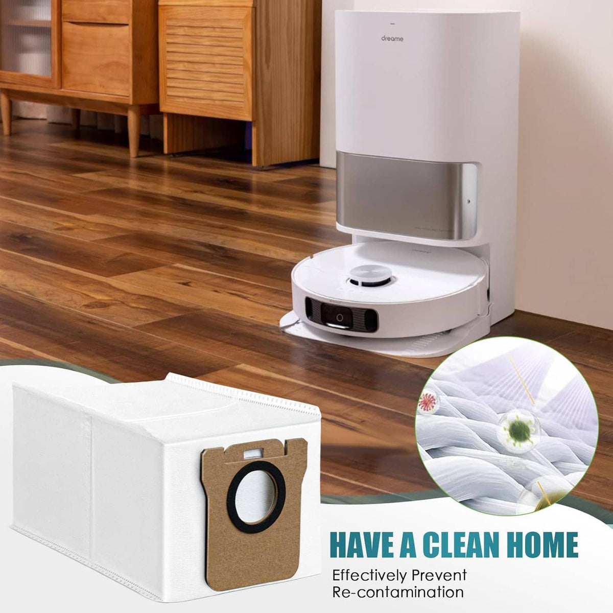 Vacuum cleaner bags: white bag box with brown filter piece and black seal ring