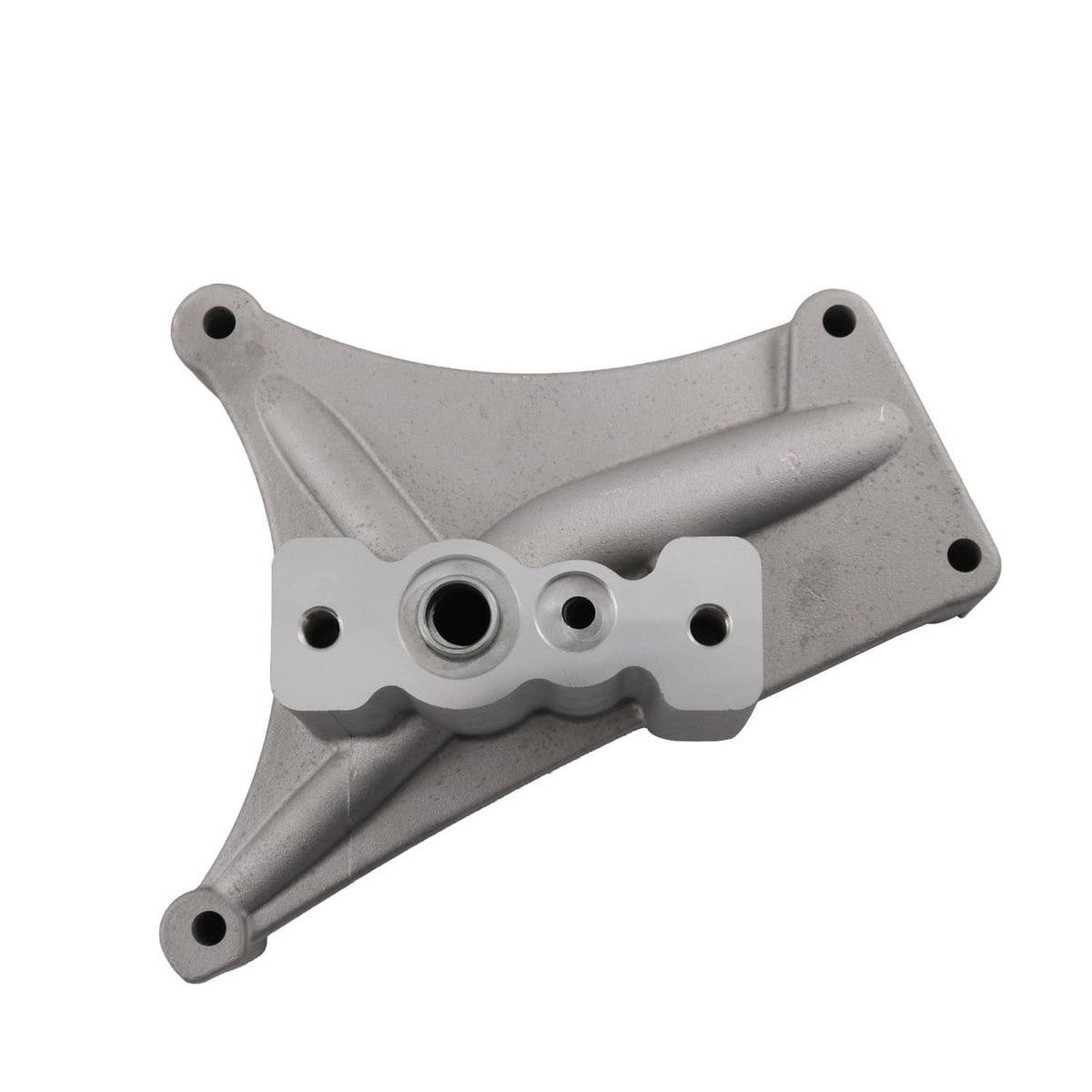 Turbo exhaust housing pedestal base with round ports and three mounting points, silver finish