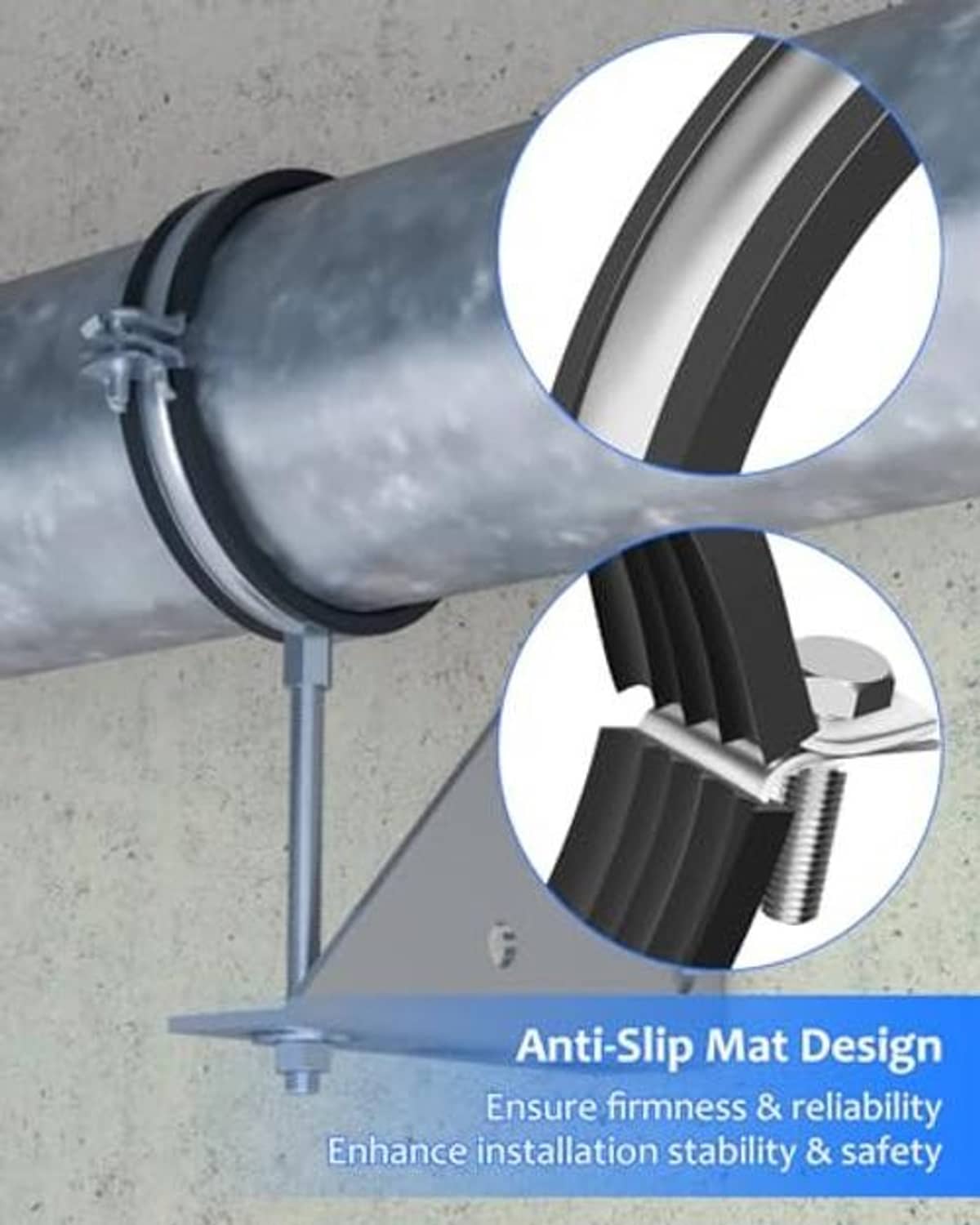 Split-ring pipe hanger clamp with black anti-slip mat, adjustable steel support