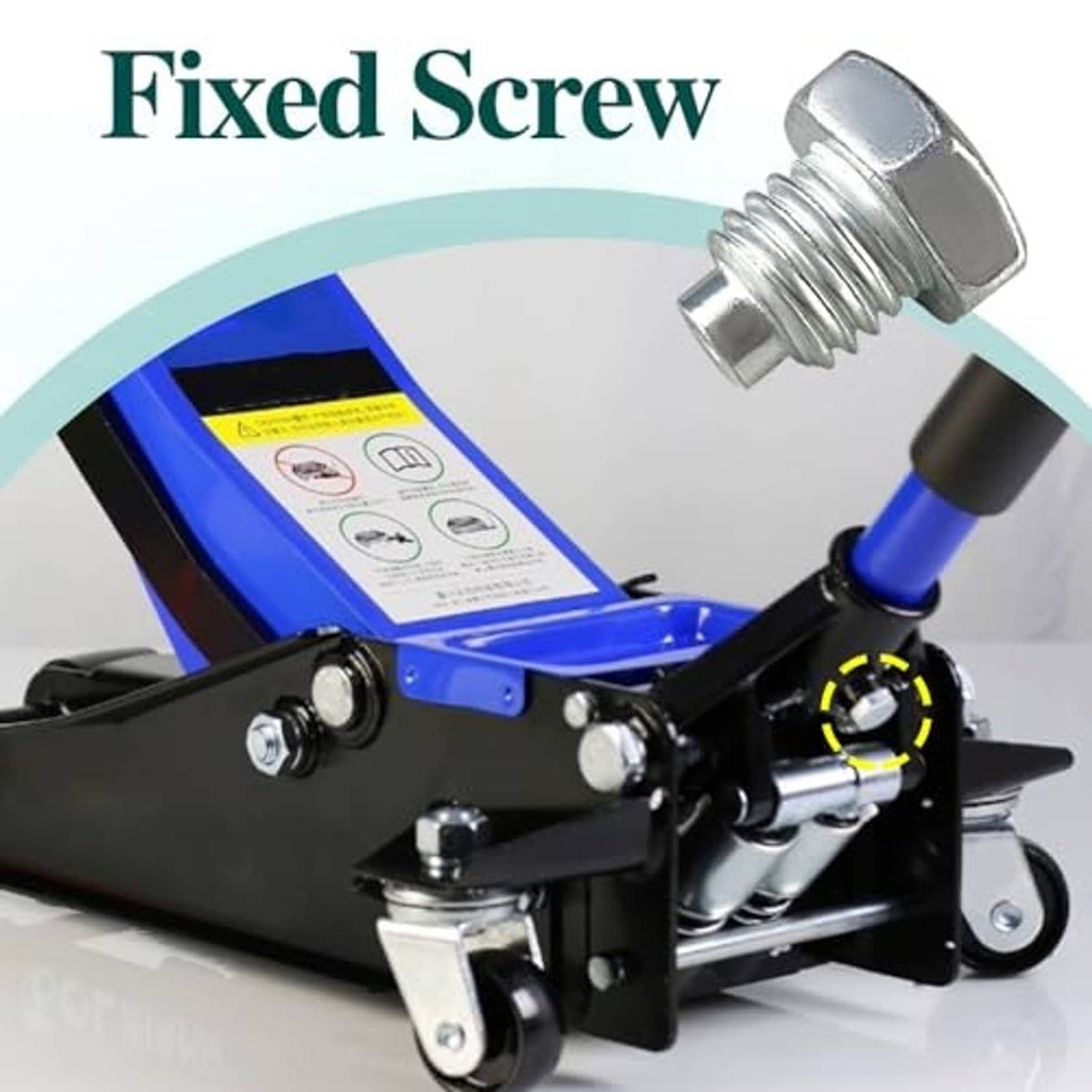 Blue hydraulic floor jack with silver fixed screw on the horizontal pressure rod