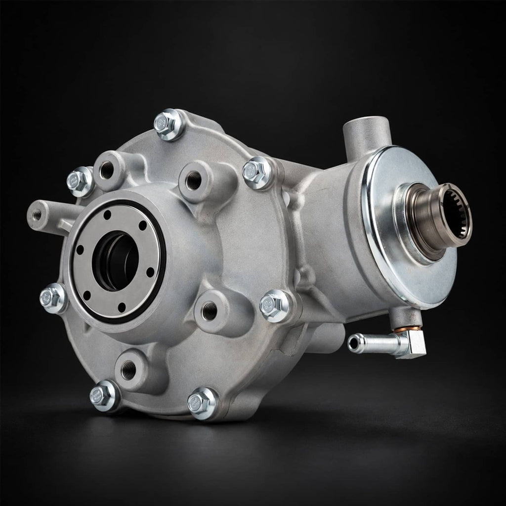 Silver rear differential assembly with axle flange, circular cover, and mounting holes