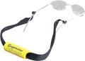 Floating eyewear retainer strap with black fabric and yellow foam buoy ends