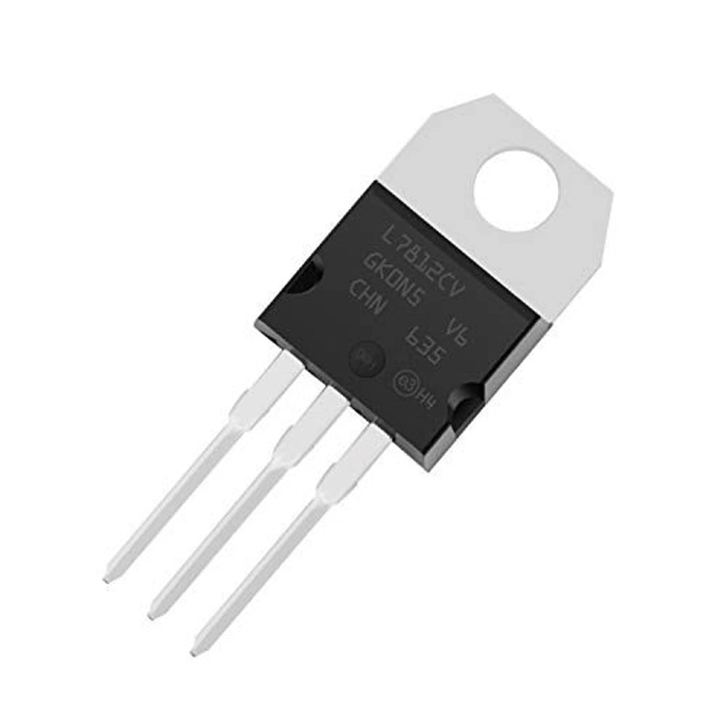 TO-220 L7812CV fixed 12V regulator IC shown front view, 3 lead pins