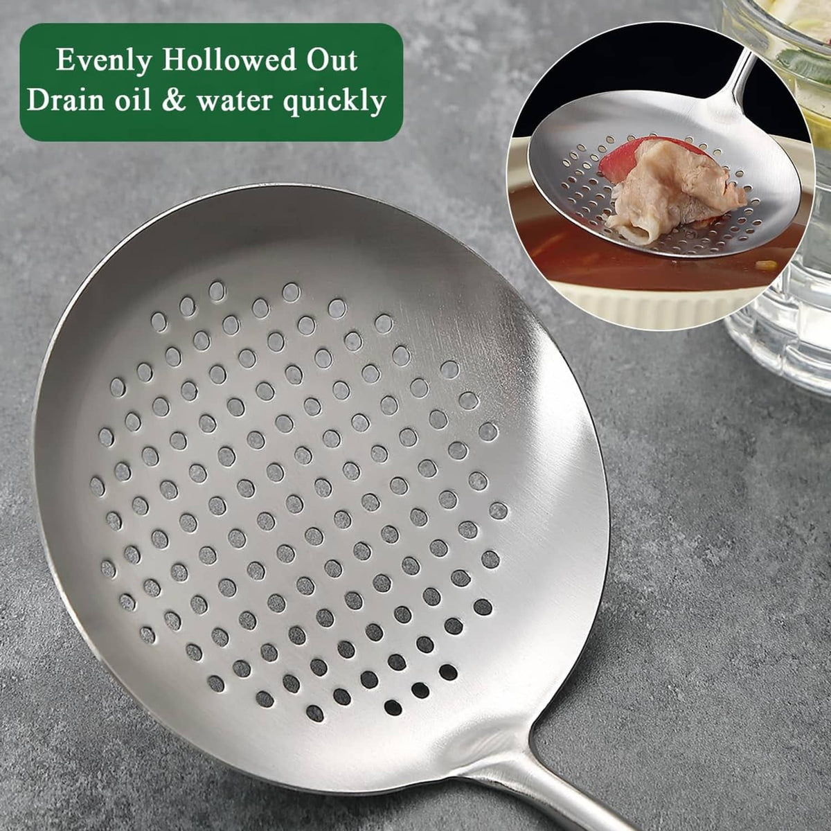 Stainless steel slotted skimmer spoon with perforated round head and wooden handle