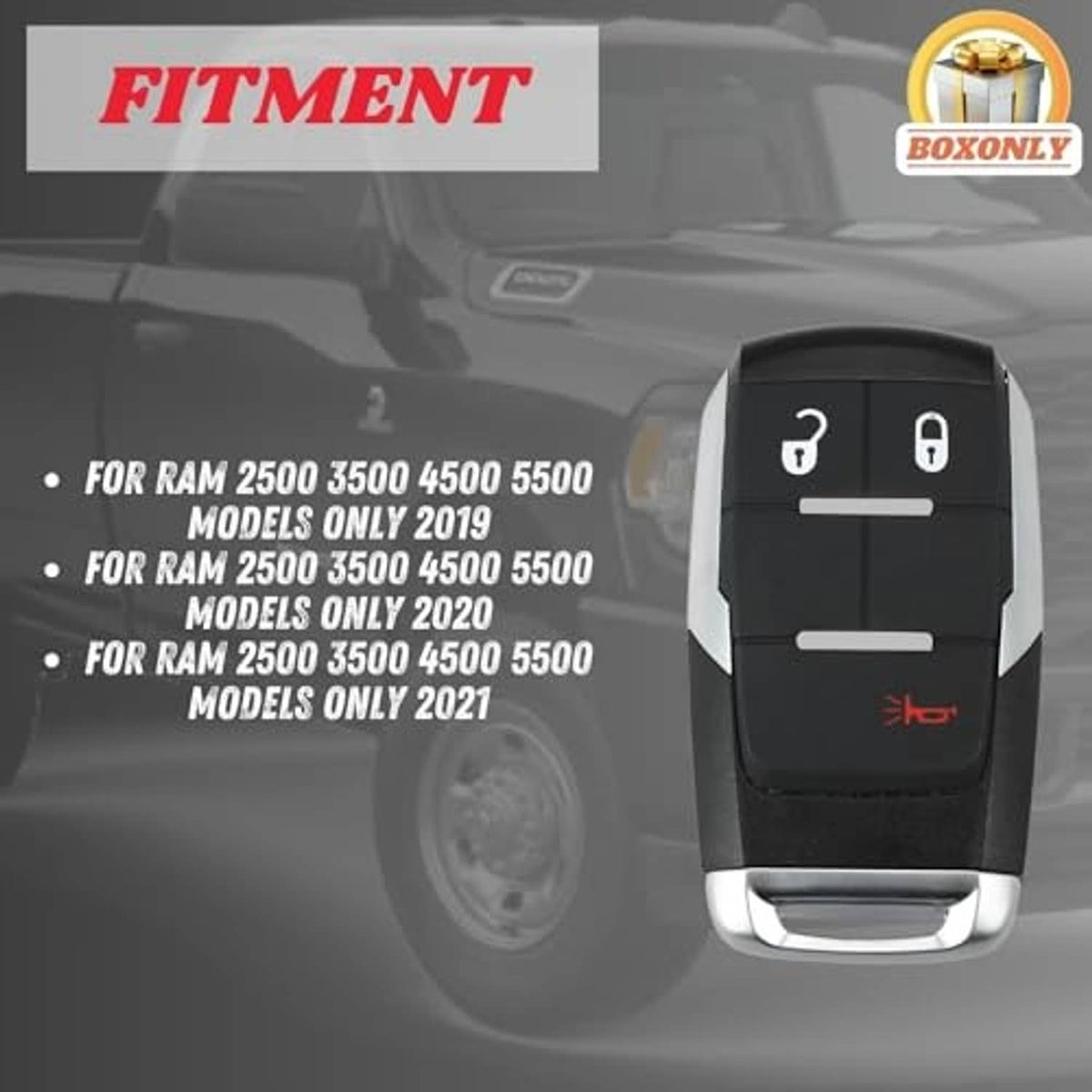 Black keyless entry remote key fob with lock/unlock icons, red emblem, silver base