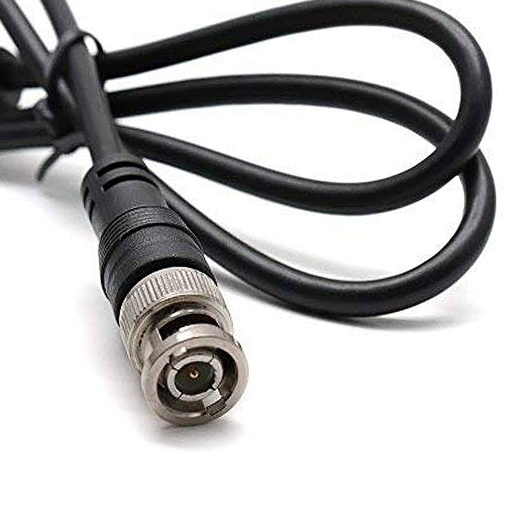 BNC male coax connector on black cable with attached wires