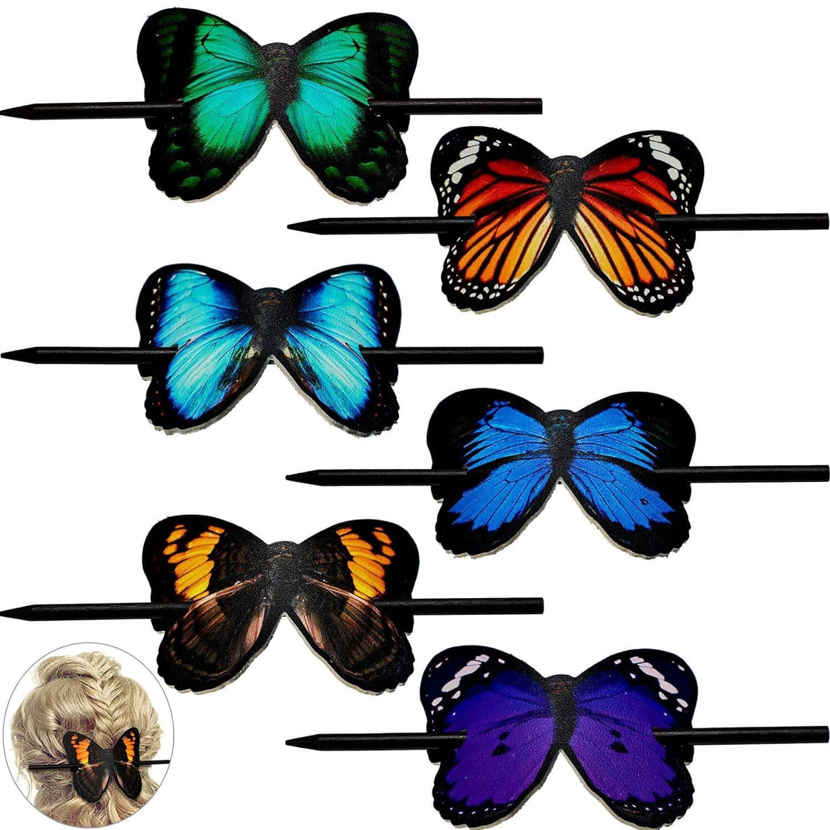 Set of butterfly leather hair clips with multi-color wings on black barttes