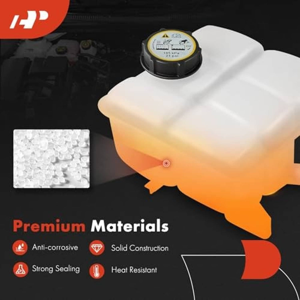 White coolant reservoir tank with black cap and lower hose connection ports