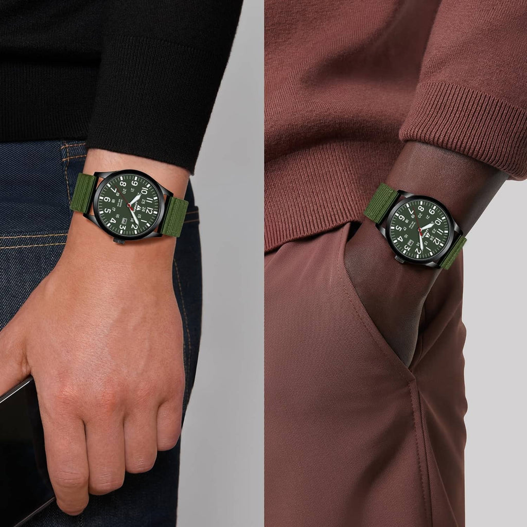 Men's military sport watch on wrist, green dial and green nylon strap with black case