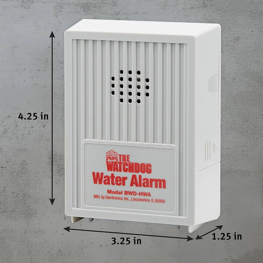 White water leak alarm unit with front grille and compact wall-mount size