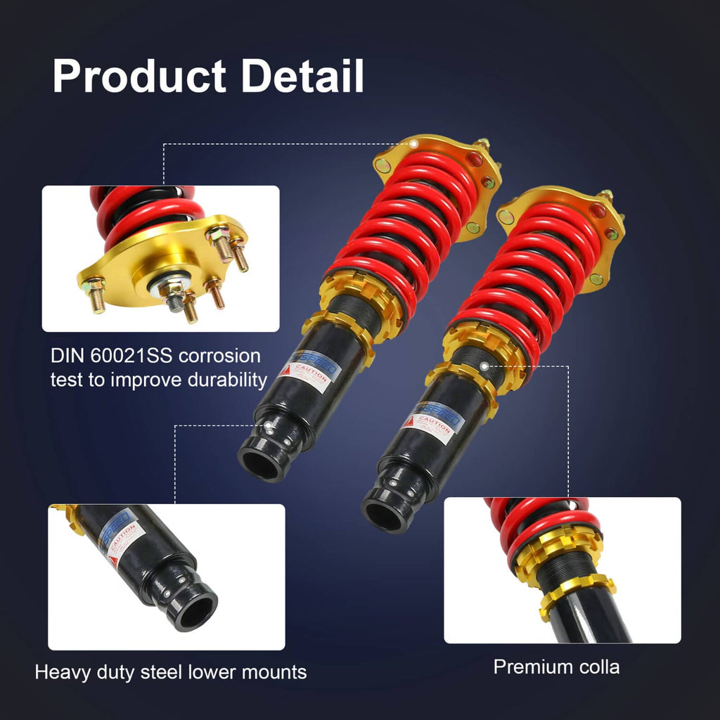 Coilover strut pair with red springs, black shock bodies, and gold top mounts