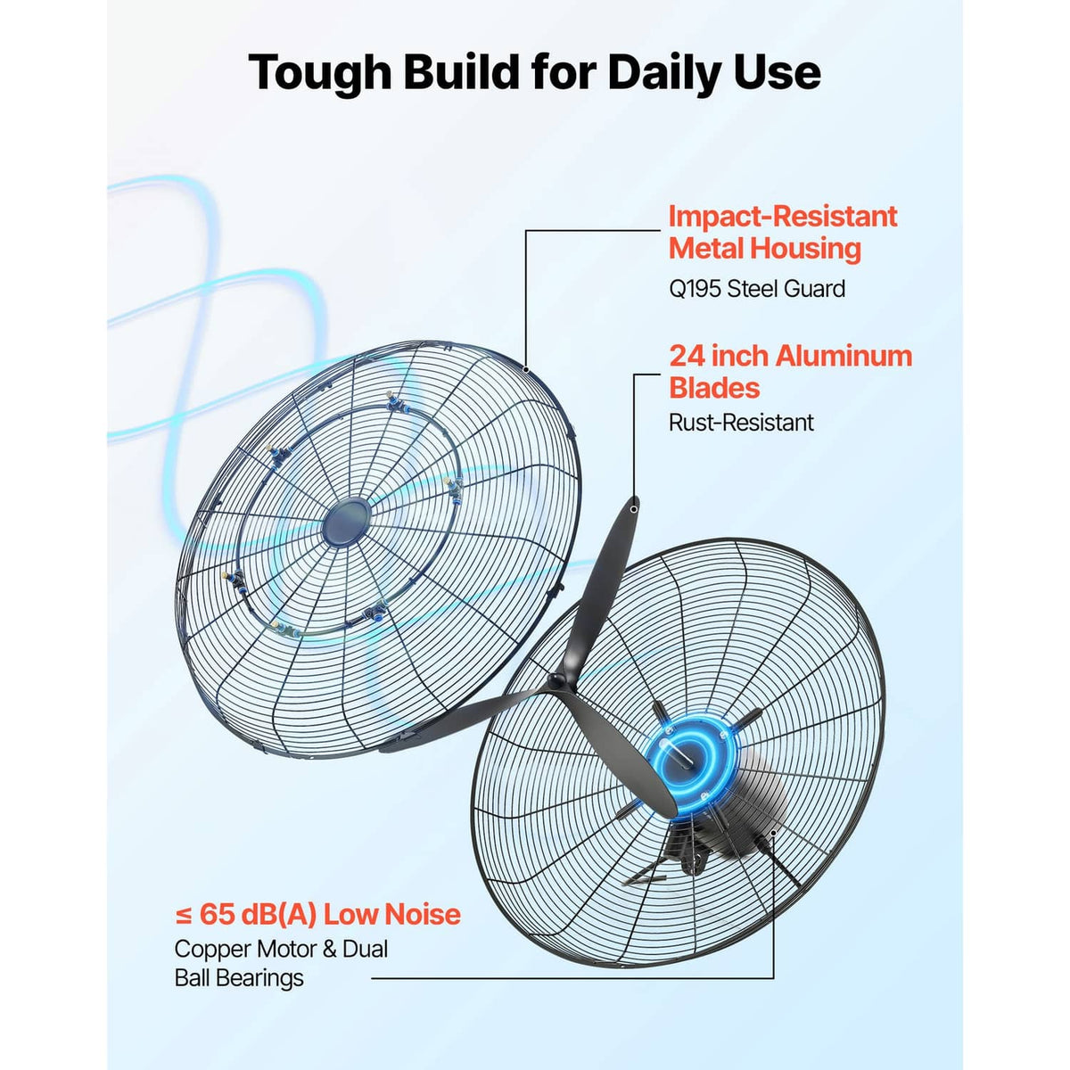 Wall-mounted oscillating mist fan with protective metal housing and aluminum blades