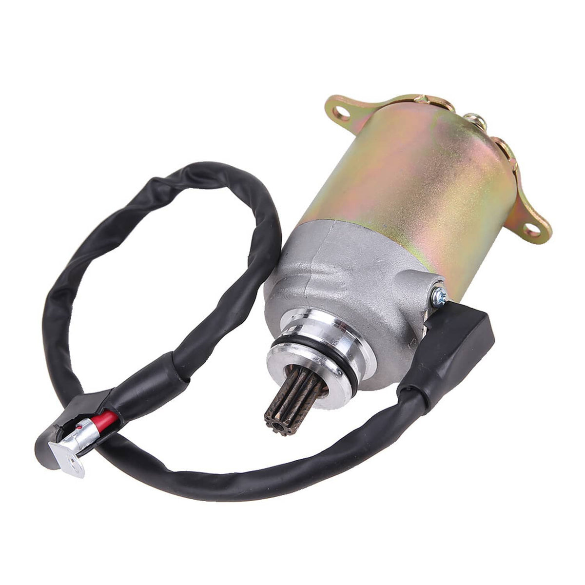 Scooter starter motor with black wire harness and silver pinion shaft
