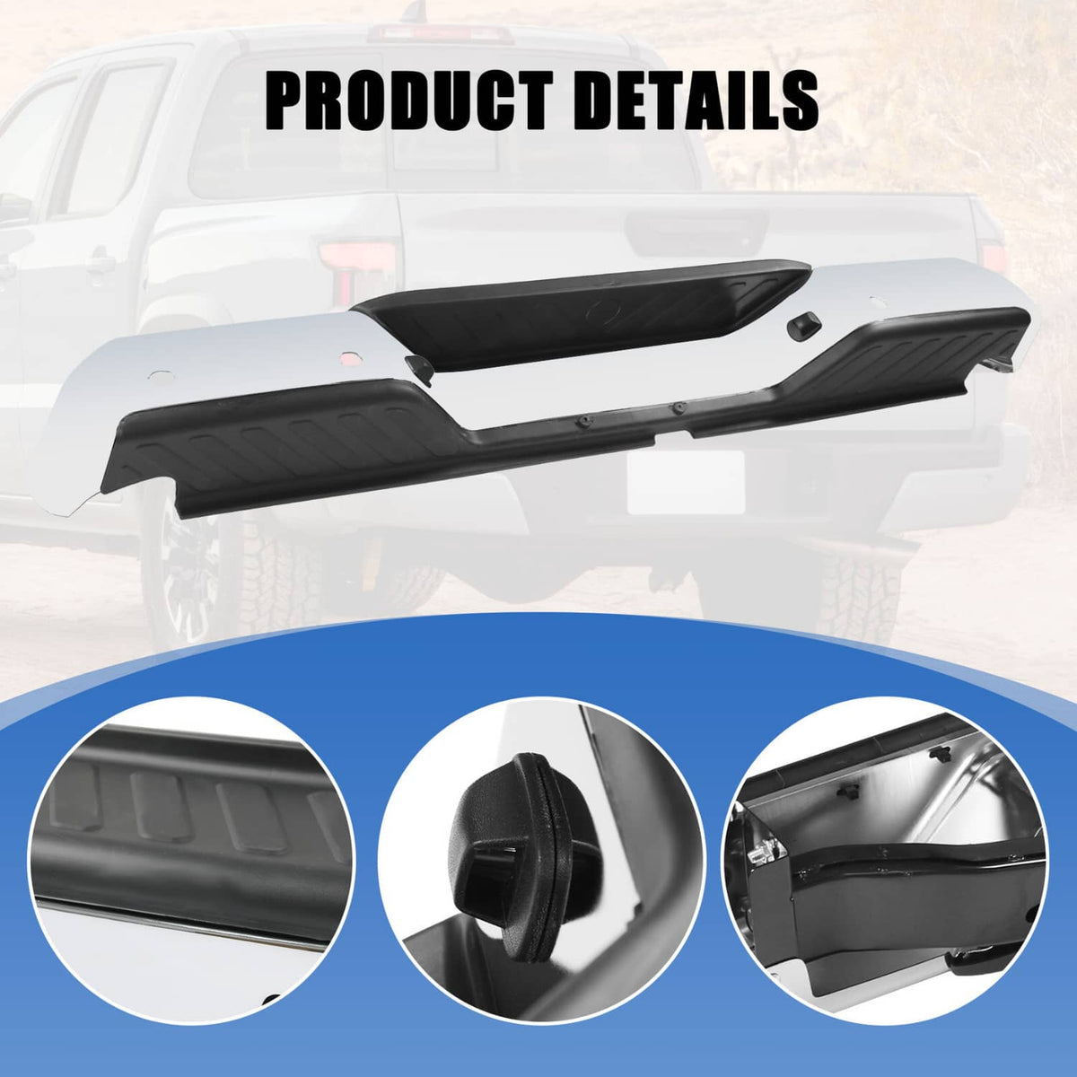 Rear step bumper assembly with black textured step pads and sensor-hole mounting points