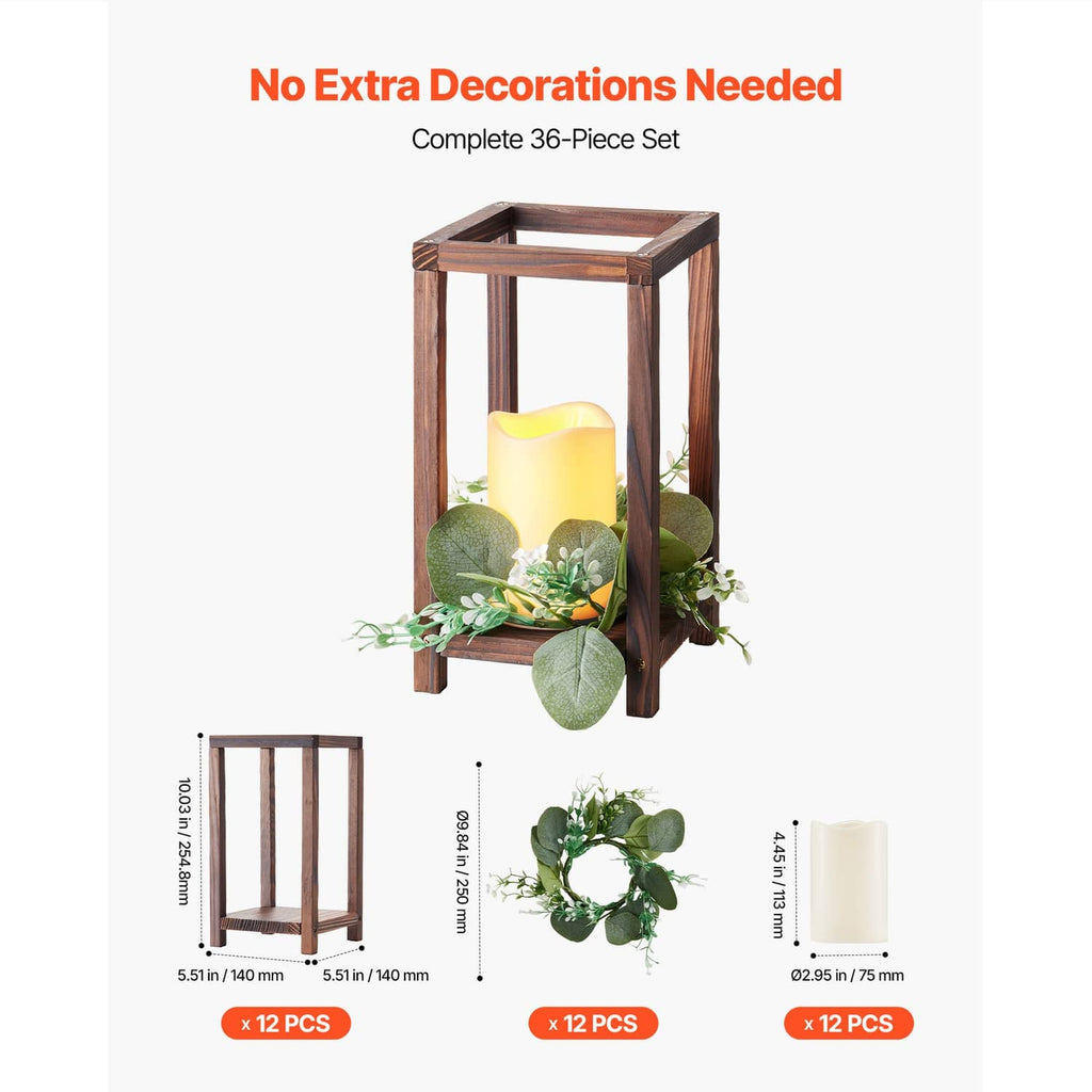 Brown wooden lantern with glowing LED candle and faux eucalyptus leaf wreath