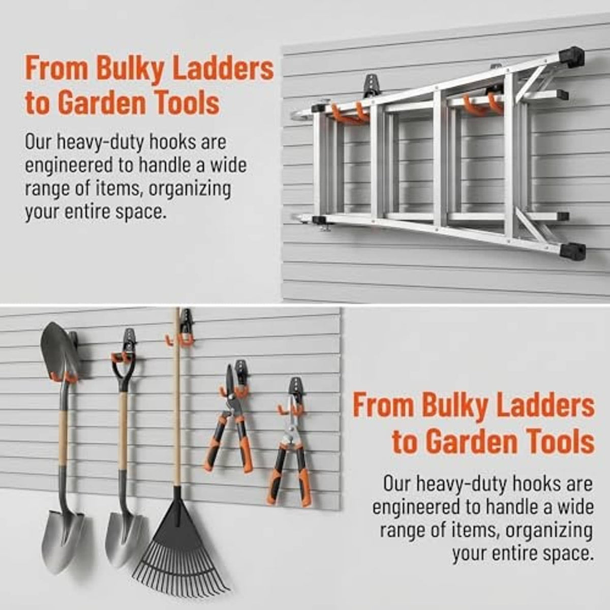 Heavy-duty garage hooks mounted on slatwall, black brackets with orange anti-slip PVC coating