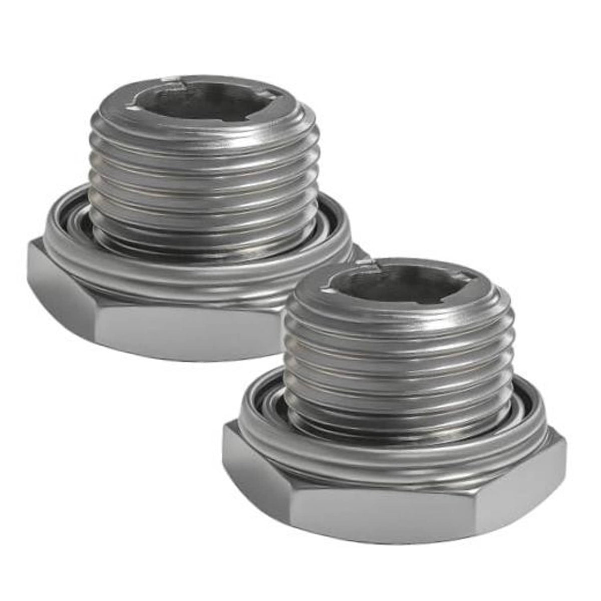 Metal rear differential drain plug set with hex heads, threads, and flat washers