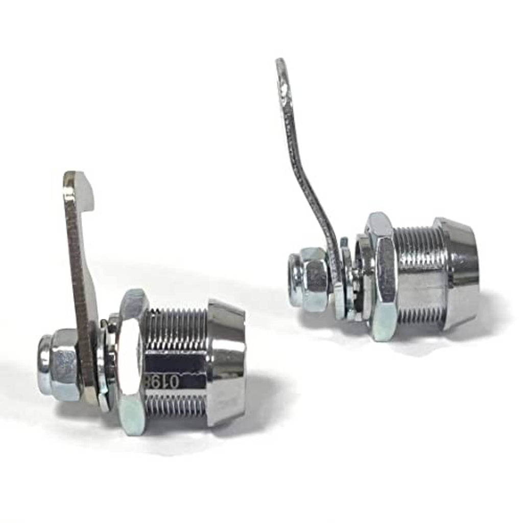 Toolbox tubular cam lock pair from side view, showing threaded cylinder and cam hooks