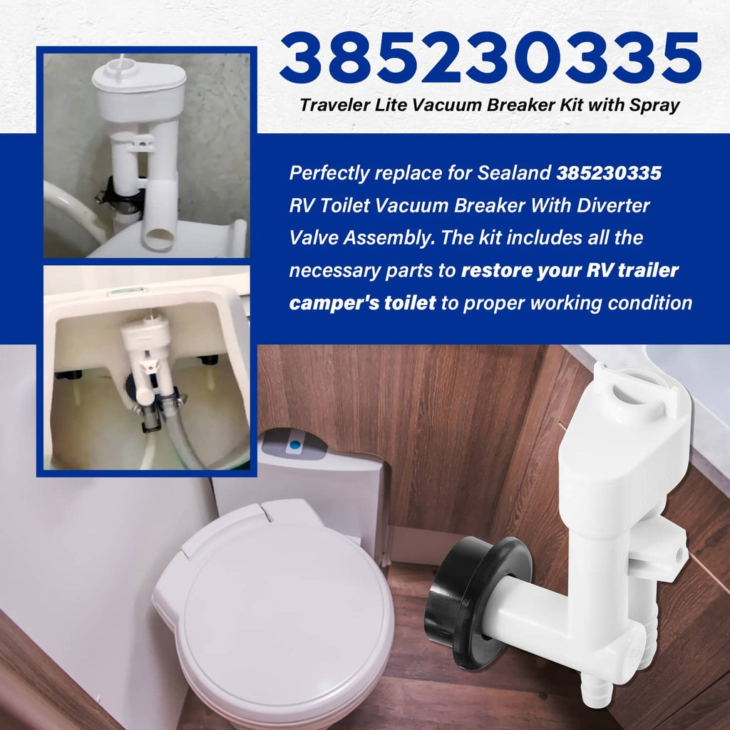 RV toilet vacuum breaker with diverter valve replacement kit, white valve and black disc