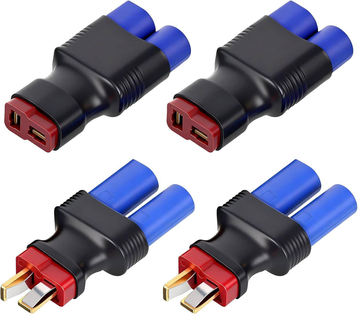 Two EC5 to T-plug adapter connectors with red terminal openings and blue insulation sleeves