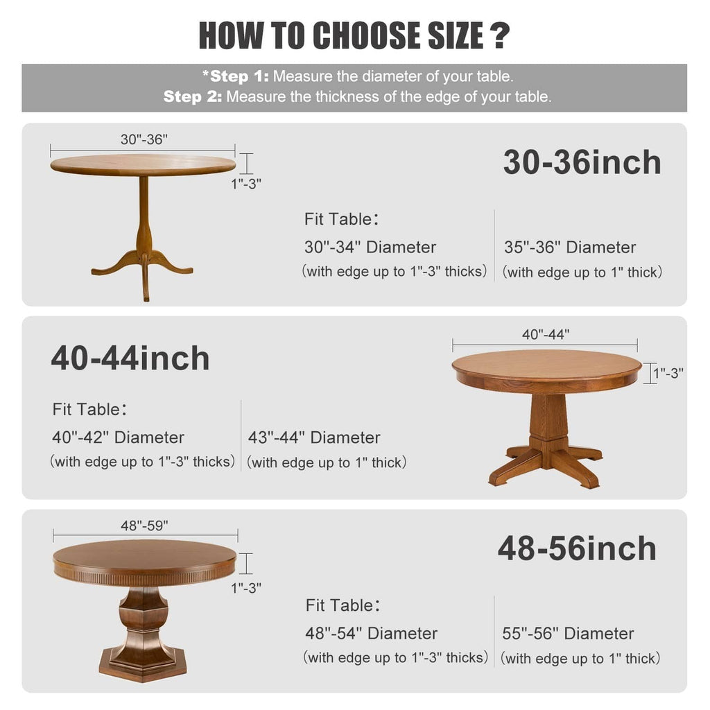 Round table cloth size guide: 40–44 inch diameter and up to 1–3 inch edge