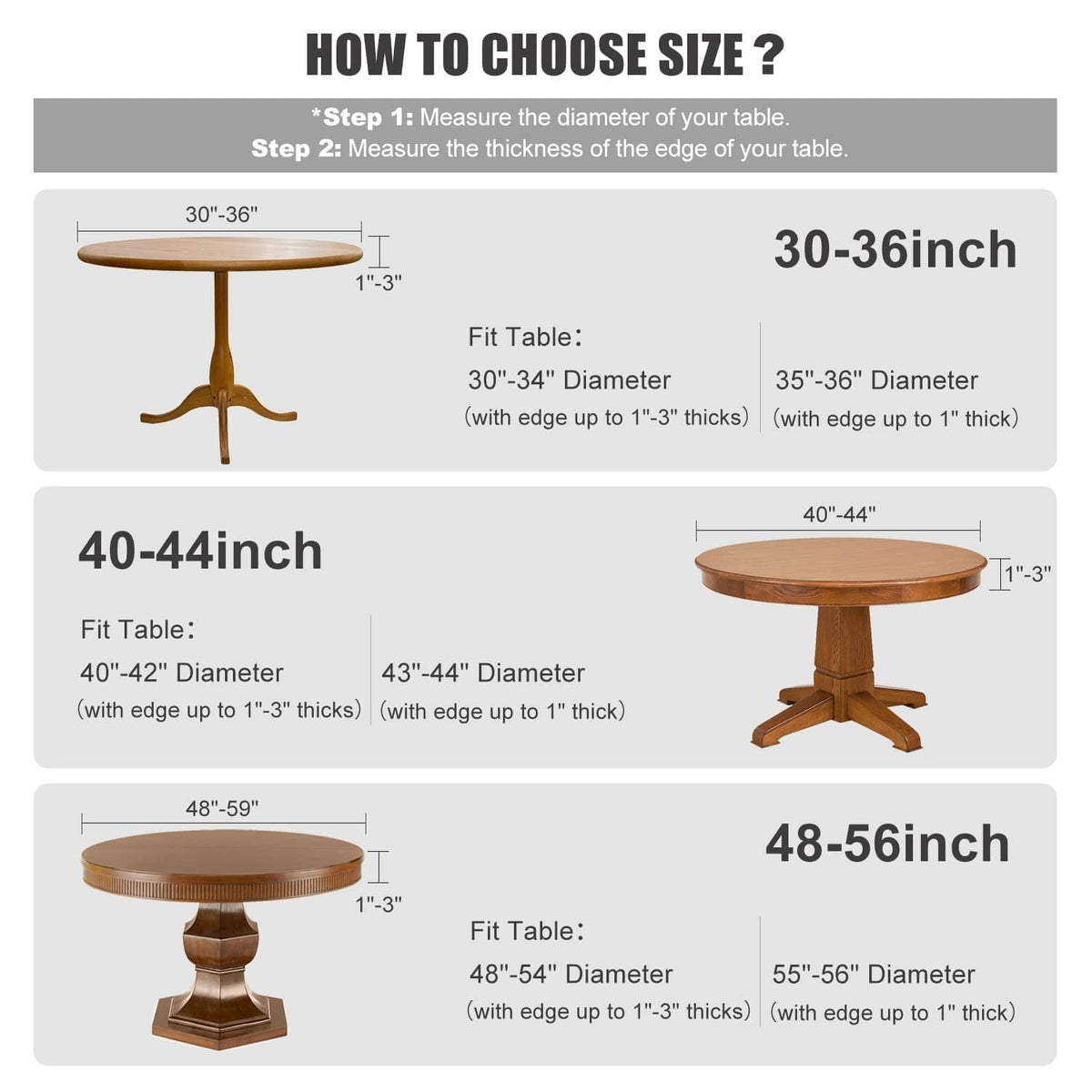 Round table cloth size guide: 40–44 inch diameter and up to 1–3 inch edge
