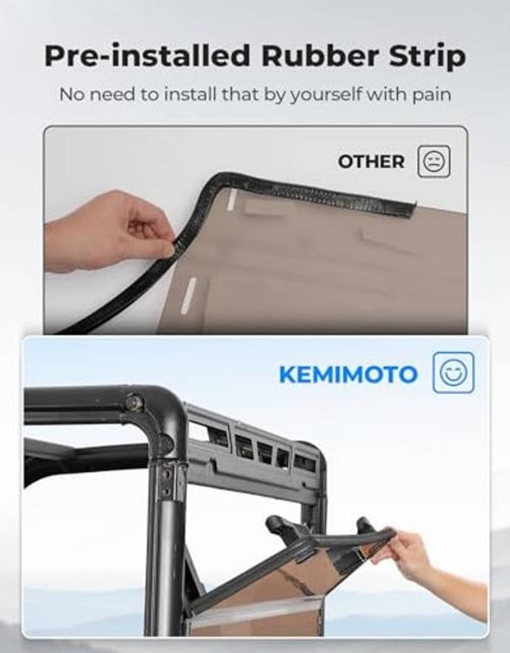 Foldable tinted rear window with pre-installed rubber seal strip