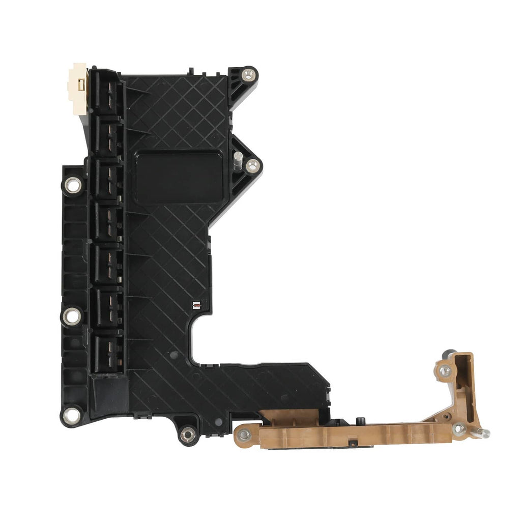 Black transmission lead frame bracket with mounting holes and tan connector wire