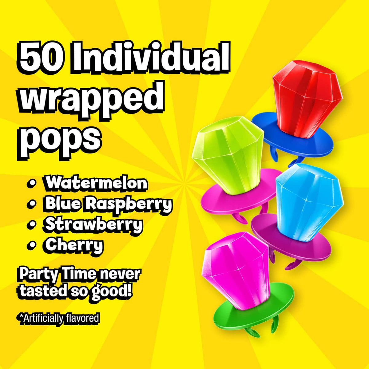 50 individually wrapped Ring Pop lollipops with colorful faceted candy tops