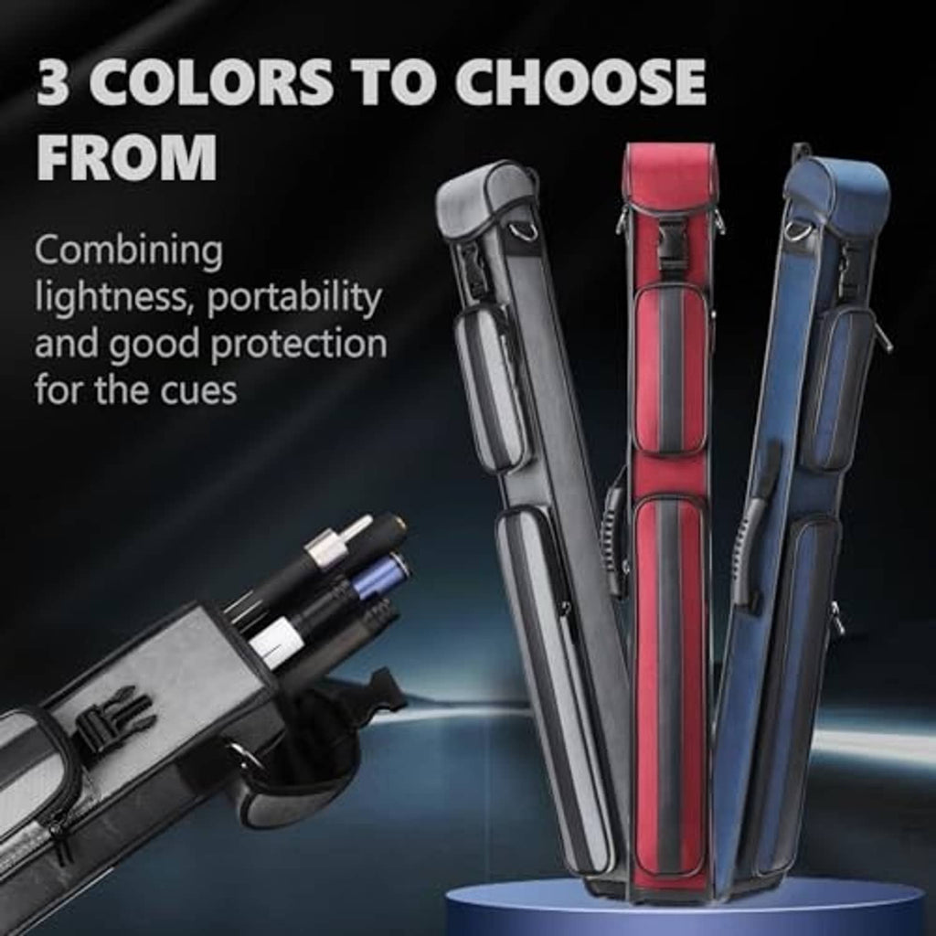 Pool cue hard cases in gray, red, or blue with side carry straps and top handle
