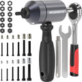 Gray rivet nut drill adapter tool with mandrel, hex bit, and included fastener parts